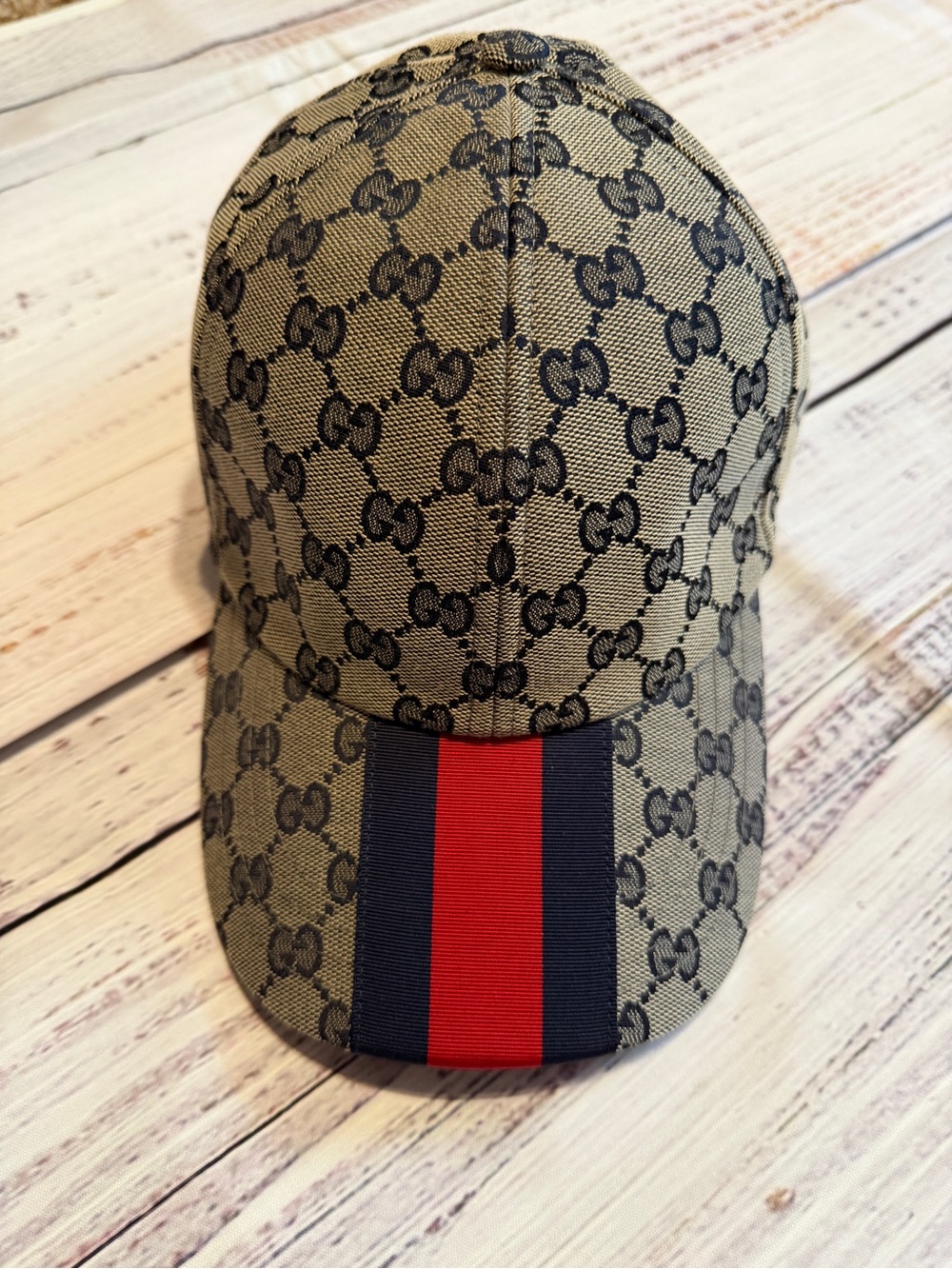 Gucci Beige GG Canvas Baseball Cap with Red & Navy Web Stripe